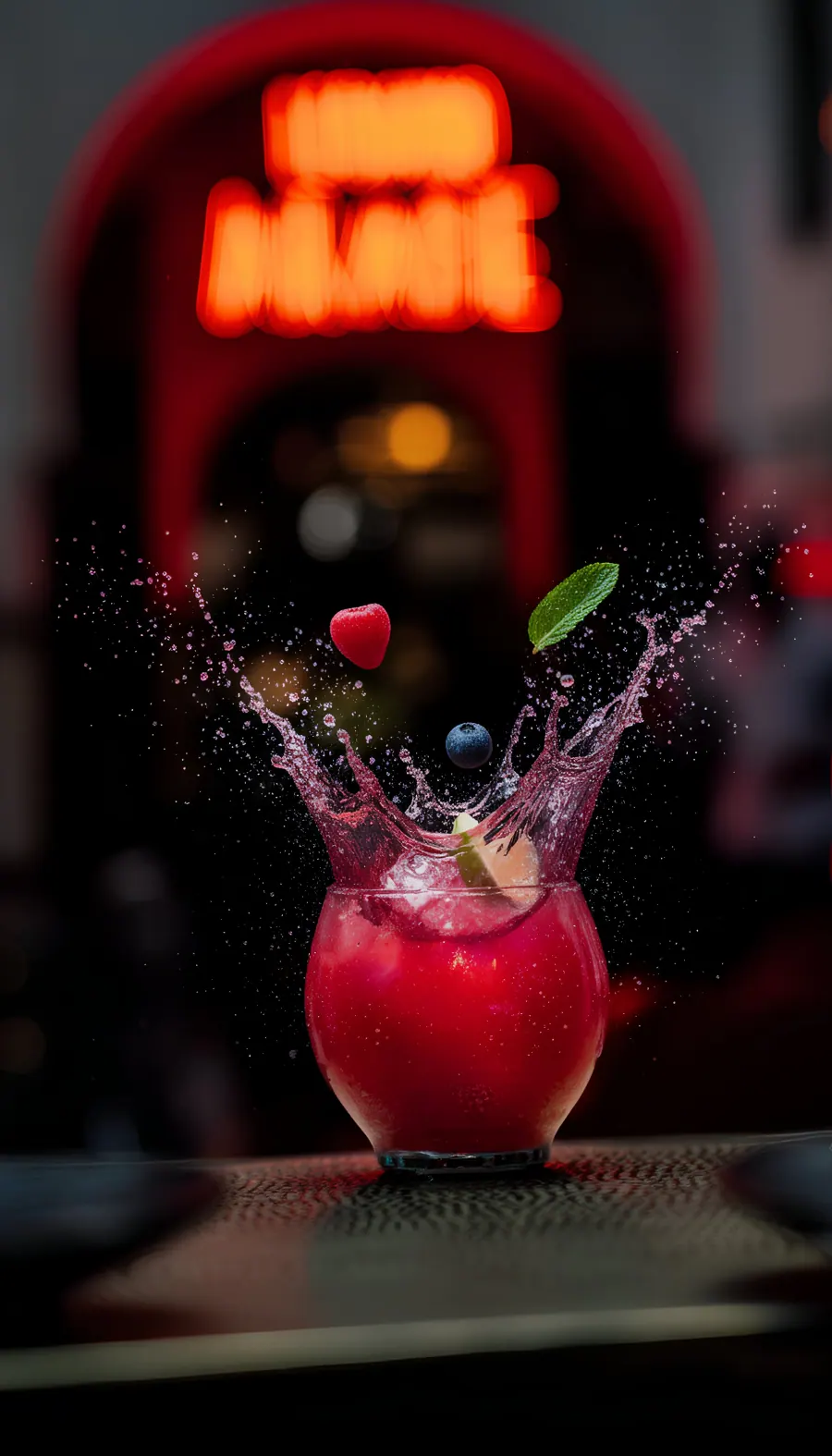 Cocktail rouge servi devant l’enseigne lumineuse du Bistro Arabe