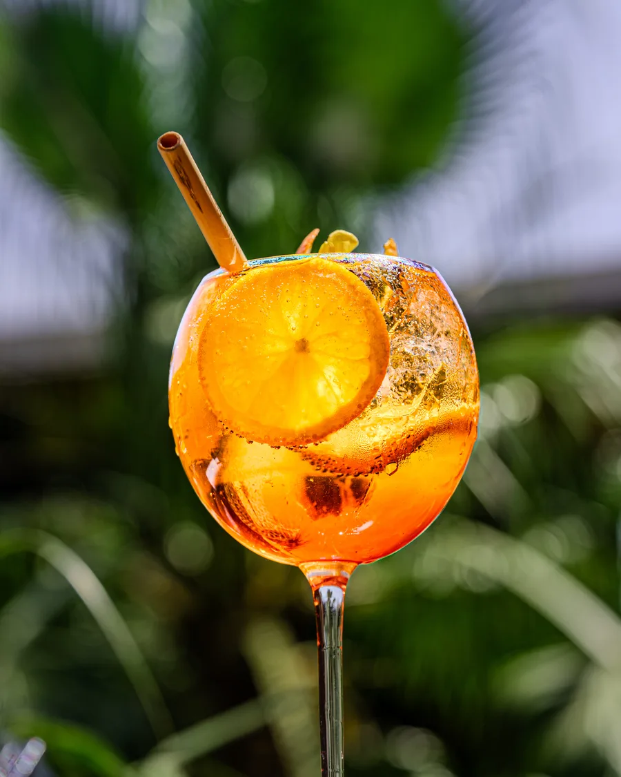Détail d’un cocktail orange devant la végétation