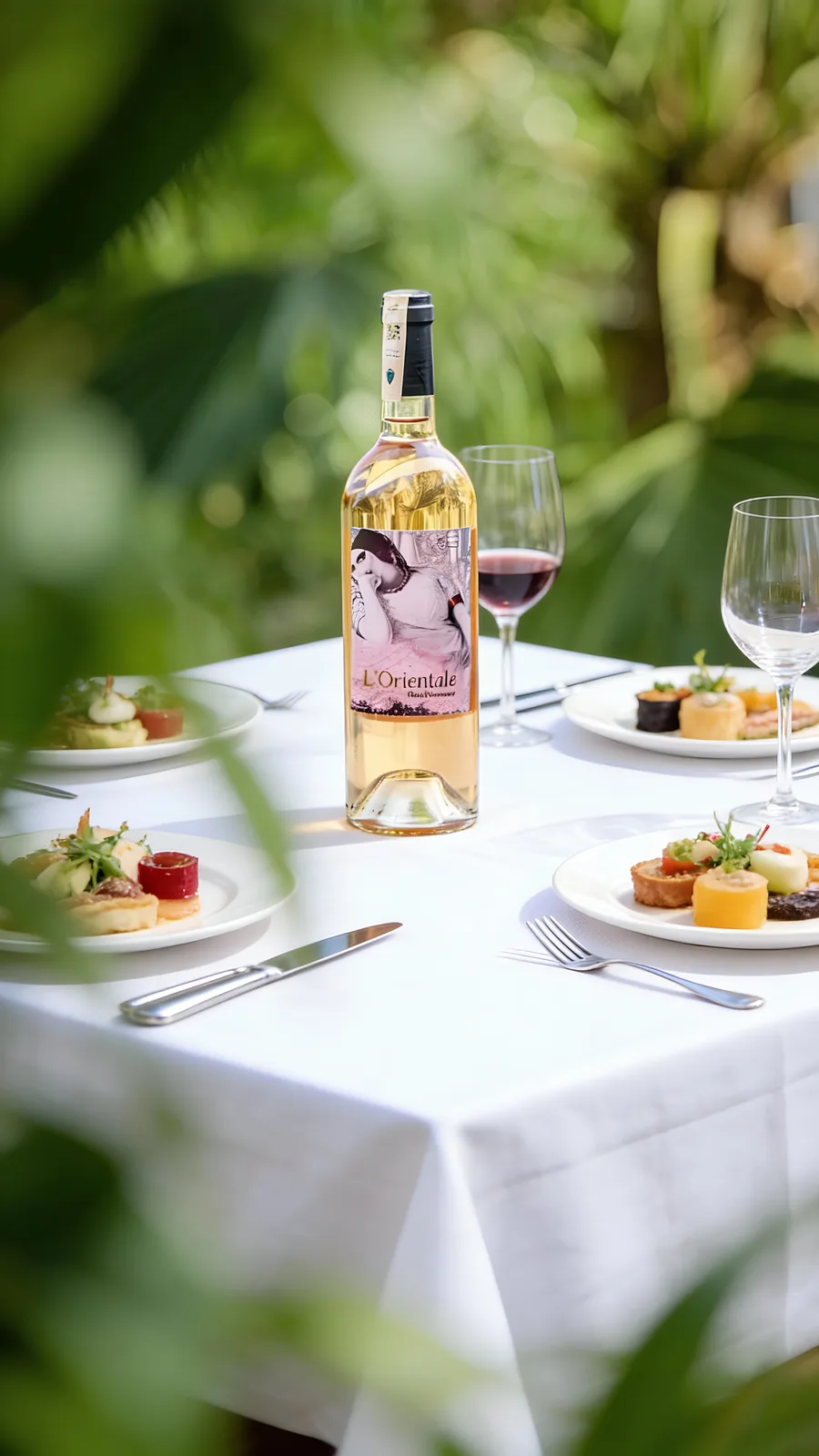 Bouteille de vin sur une table dressée au jardin